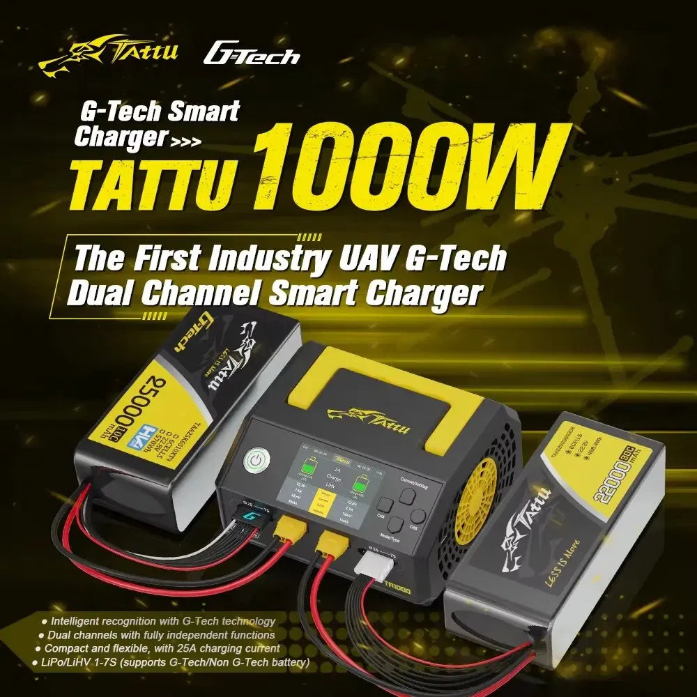 Tattu Ta1000 1000W 25A*2 AC100-240V Lipo/Lihv 1-7s Battery Dual-Channel G-Tech Smart Charger for Industry Drone Uav