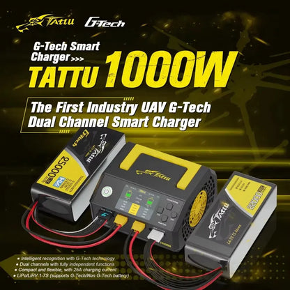 Tattu Ta1000 1000W 25A*2 AC100-240V Lipo/Lihv 1-7s Battery Dual-Channel G-Tech Smart Charger for Industry Drone Uav